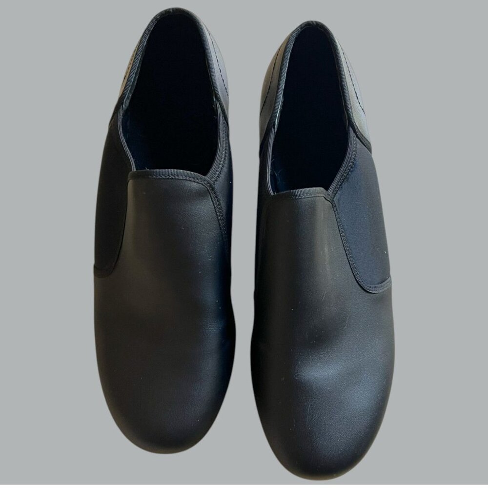 Mens Black Slip-On Tap Dance Shoes With Metal Tap Plates Size 10.5A